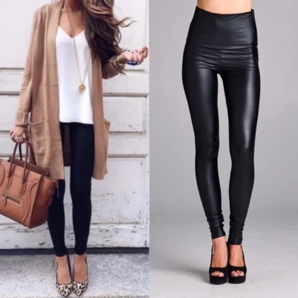 Black Vegan Leather Matte Slick Leggings - Picture 7 of 8